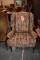 BROWN, HIGH BACK MATERIAL CHAIR W/WOODEN LEGS
