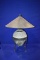 BLACK IRON 3 LEGGED STAND/GLASS LAMP, BLACK SHADE