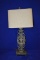 RUSTIC IRON LAMP, TAN RECTANGULAR LAMP SHADE,