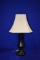 DARK METAL LAMP W/CREAM LAMP SHADE, APPROX. 30