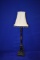 RUSTIC IRON LAMP W/CREAM SHADE W/BEADS, APPROX. 32