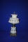 BRASS BASE LAMP W/FLOWER GLASS BLUE & WHITE, APPROX. 24