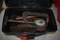 BLACK PLASTIC TOOLBOX W/HAND PLANE, MALLET,