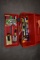 RED PLASTIC TOOLBOX W/ASSORTMENT OF NEW TOOLS