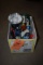 BOX W/SURGE STRIPS, EXTENSION CORD, CLAMP ON LIGHT