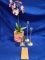 GLASS POT W/PURPLE FLOWER, (3) METAL CANDLE HOLDERS