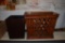 (2) DECORATIVE TRASH CANS, 1 BLACK, 1 WICKER