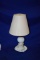SMALL WHITE GLASS LAMP W/CREAM COLORED SHADE