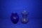 (2) GLASS VASES, BLUE & PURPLE