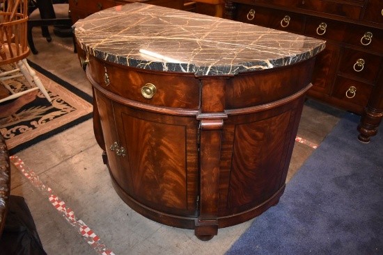HENREDON 1/2 ROUND TABLE, WOOD W/MARBLE TOP,