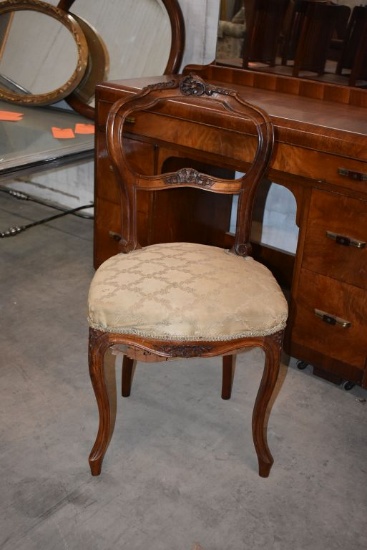 (CIRCA 1800'S) ANTIQUE CHAIR W/FLORAL CARVING, SAGE FABRIC