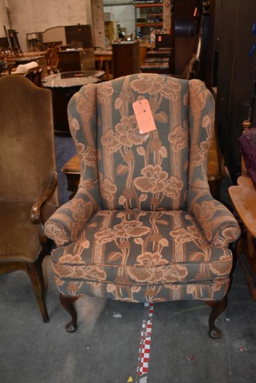 BROWN, HIGH BACK MATERIAL CHAIR W/WOODEN LEGS