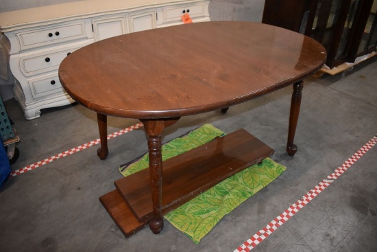 BROWN WOOD TABLE W/2 LEAVES, 39" X 60" X 30"H