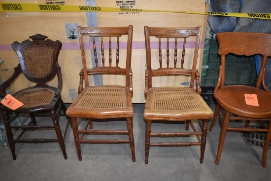 (2) WOODEN CHAIRS, VINTAGE W/CANE SEATS & SPINDLE BACKS