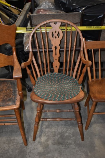 WOODEN ARM CHAIR, POINT CARVED BACK