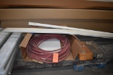 LOT: WHITE BASE BOARDS, GARDEN HOSE, TP RUBBER WALL