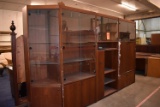 4 PIECE BROWN WOOD & GLASS ENTERTAINMENT CENTER