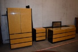 BEDROOM SET, BIRDS EYE MAPLE VENEER/BLACK LAMINATE BED FRAME,