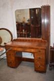 WOODEN VANITY/DESK, 5 DRAWERS, UNIQUE BRASS HANDLES