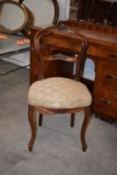 (CIRCA 1800'S) ANTIQUE CHAIR W/FLORAL CARVING, SAGE FABRIC