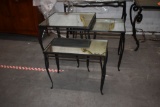 (3) NESTING TABLES W/MIRROR TOP, BLACK WROUGHT IRON BASE,