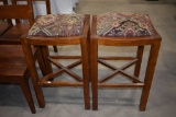(2) WOODEN BACKLESS STOOLS, EARTHTONE SEATS