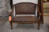 ANTIQUE BROWN WOODEN LOVE SEAT W/LEATHER CUSHION COVER,