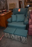 GREEN MATERIAL CHAIR W/2 MATCHING STOOLS &