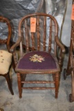 SPINDLE BACK WOODEN CHAIR W/NEEDLEPOINT SEAT