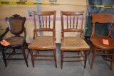 (2) WOODEN CHAIRS, VINTAGE W/CANE SEATS & SPINDLE BACKS