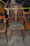 WOODEN ARM CHAIR, POINT CARVED BACK