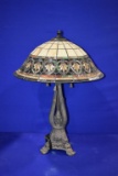 IRON LAMP W/COLORED GLASS SHADE, APPROX. 30