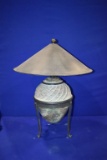 BLACK IRON 3 LEGGED STAND/GLASS LAMP, BLACK SHADE