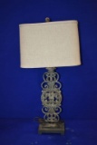 RUSTIC IRON LAMP, TAN RECTANGULAR LAMP SHADE,