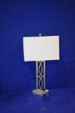SILVER LAMP W/GLASS BOTTOM, CREAM RECTANGULAR SHAPED SHADE,