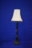 RUSTIC IRON LAMP W/CREAM SHADE W/BEADS, APPROX. 32