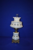 BRASS BASE LAMP W/FLOWER GLASS BLUE & WHITE, APPROX. 24