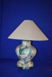 PASTEL COLORED GLOSSY GLASS LAMP W/LIGHT GRAY SHADE,