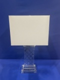 CLEAR GLASS LAMP W/SQUARE WHITE SHADE, APPROX. 24