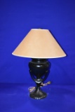 BLACK CERAMIC LAMP W/CARMEL COLORED SHADE, APPROX. 26