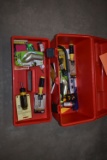 RED PLASTIC TOOLBOX W/ASSORTMENT OF NEW TOOLS