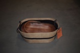 TAN SUEDE & BROWN LEATHER BASKET, WOODEN BASKET