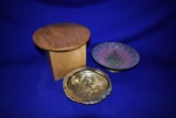 (1) ROUND WOODEN PEDESTAL, (2) CANDY DISHES