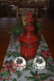 PAIR OF GLASS CUT CANDLE HOLDERS AND RED 2-PIECE