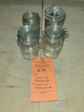 (3) GLASS JARS W/ATTACHED LIDS, (1) METAL JAR