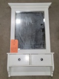 WHITE HANGING MIRROR W/2 DRAWER SHELF, APPROX. 38