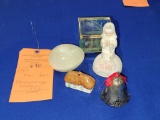 (5) MISC. ITEMS (BELL, CRYSTAL EGG, CERAMIC GIRL, ETC.)
