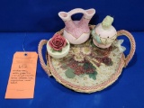 WICKER TRAY W/GLASS TOP OVER DRYED FLOWERS,