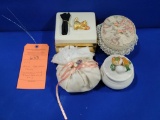 (4) MISC. DECORATIVE PIECES (GLASS BOWL W/LID,