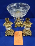 (3) ITEMS: CRYSTAL GLASS, GOLD DECORATIVE BOWL, PAIR